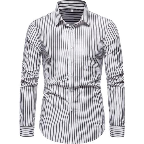 New Fashion Spring Summer Casual Mens Shirt Cotton Long Sleeve Striped Slim Fit Stand Collar Shirts EU Size S-XXL Dress Shirts