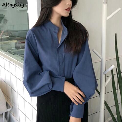 Shirts Women Solid Blue Brown Tops Retro Full Lantern Sleeve Temperament Trendy Female Shirt Loose Office Lady Chic Ulzzang Soft