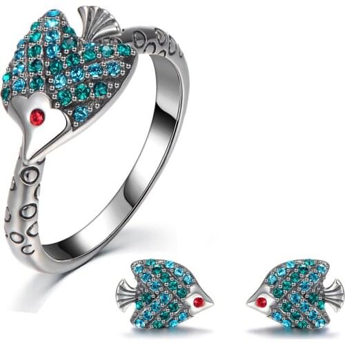 S925 Sterling Silver Jewelry Sets With Crystals Fish Earrings Ring Classic Cute Ethnic for Women Jewelry Accessories