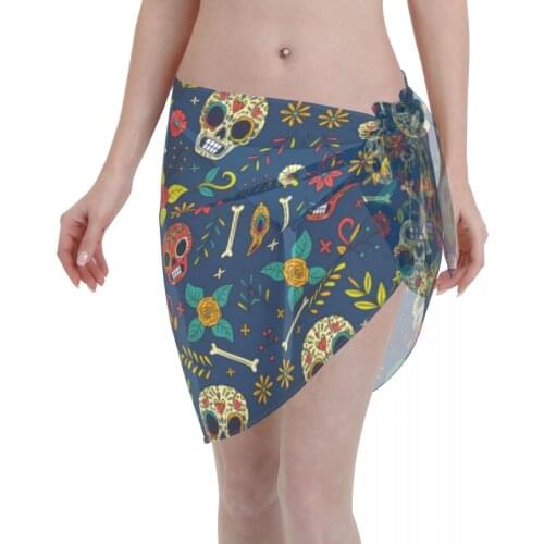 Sexy Women Beach Pareo Scarf Cover Up Wrap Kaftan Sarong Beach Wear Day Of The Dead Skull And Flowers Bikinis Cover-Ups Skirts