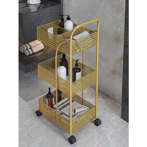 Nordic Iron Shelf Bedroom Kitchen Metal Mesh Red Movable Bathroom Storage Rack Ins Wheeled Trolley