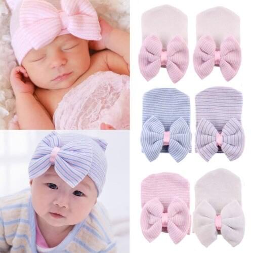 Newborn Toddler Baby Big Bow Knitted Helmet ChildrenS Hat Autumn Cute Tire Hat Girl Boy Color Striped Hat Cotton Beanie Hat