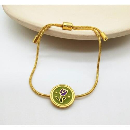 Japan and South Korea simple temperament hipster dark green enamel tulip flower round adjustable bracelet jewelry female