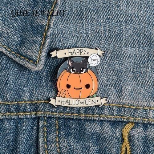 QIHE JEWELRY Halloween Cartoon Pumpkin Cat Enamel pins Festival pins Brooches Badges Denim Clothes Bag pins Gift for Friends