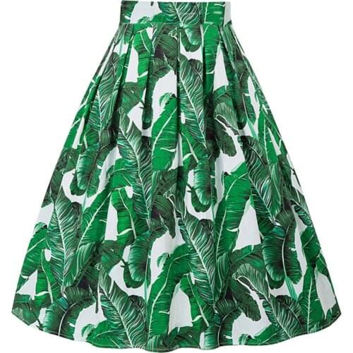 Leaf Green Retro Floral Print Vintage Pleated Skirts Womens 2021 50s High Waist Plus Size Midi Cotton Summer Swing Skirt SS0012