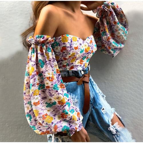 Sexy New Off Shoulder Ruffles Summer Puff Crop Top Fashion Women Holiday Beach Shirt Vintage Leaf Printed Elegant Female Blouse