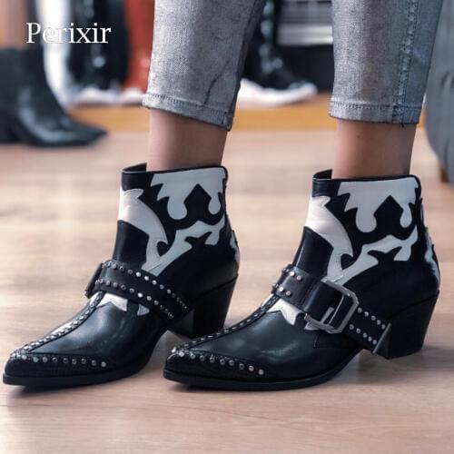Perixir 2020 New Ankle Boots Women Rivets Buckle Designer High Heel Shoes Pointed Toe Wedge Cowboy Boots Fashion Short Boots