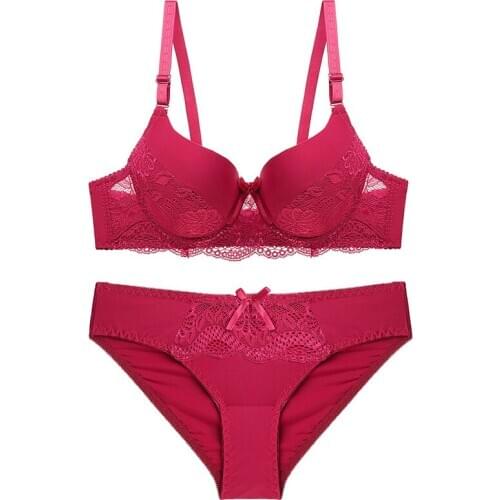 Embroidery Lace Push Up Women Bra Brief Set BC 3/4 Cup Flowers Young Lady Bow Bra Set Sexy Brassiere Underwear Set