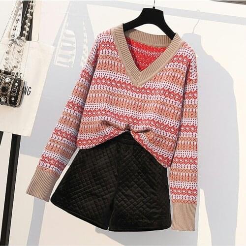 New Women Cable Knit Crop Top Lounge Wear Suit Ladies vintage print 2pcs Tracksuit Set lounge wear top shirts shorts pants cloth