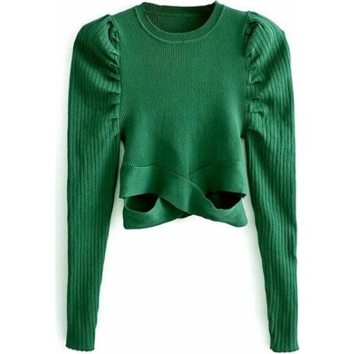Puff Long Sleeve Solid Chic Tops O Neck Hollow Out Stylish Female Jumper Pullover Girls Sweaters Women Patchwork Knitted Sweater