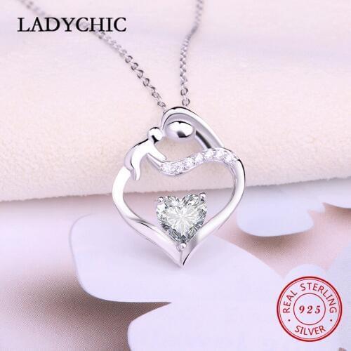 LADYCHIC 925 Sterling Silver Crystal CZ Pendant Fashion Love Heart Mom Baby Child Necklace Thanksgiving Day Jewelry Gift LNS1013