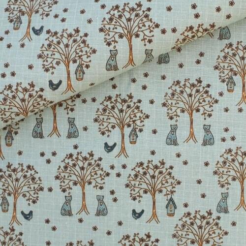 140cmx50cm Cotton Linen Fabric for handmad, bed, bag, curtain - Cat and tree on blue background (LF026)