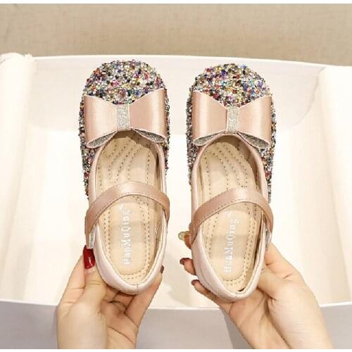 Girls Dress Shoes Children Glitter Bling Bling Flats For Wedding Party Show Kids Shoes Bow-knot Princess Sweet 23-36 Rhinestones
