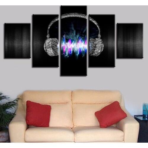 Art Painting HD Printed Modular Canvas 5 Pieces Electricity Waves Headphones Framed Home Decor Living Room Music Wall Pictures
