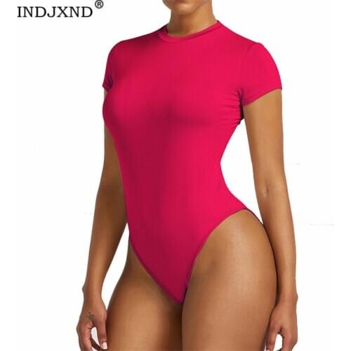 INDJXND Bodysuits White O Neck Short Sleeve Women Summer Sexy Black Casual Solid Lady Streetwear Skinny Jumpsuits New Rompers