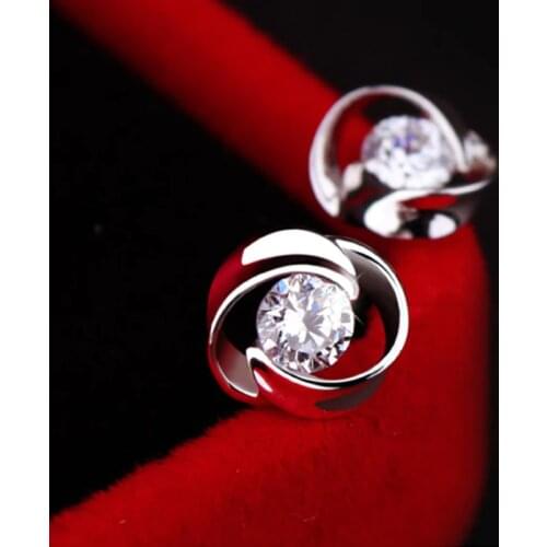 Dainty Female White Crystal Earrings 925 Sterling Silver Small Stud Earrings For Women Cute Classic Flower Wedding Earrings