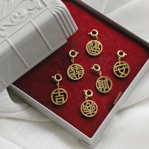 RHYSONG Good Luck Chinese Character Round Pendant Women Retro Gold Stainless Steel Charms For Jewelry Making Christmas Gifts