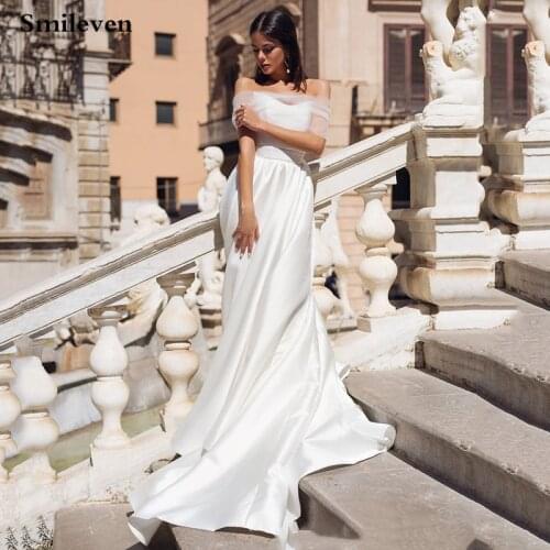 LORIE Elegant Soft Satin A Line Wedding Dress Strapless Smiple Bridal Dresses With Big Bows Robe mariage Wedding Gowns