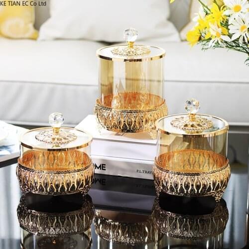 European Style Metal Glass Candy Tin Tea Food Storage Jar with Lid Luxury Art Jewelry Cotton Swab Box Kitchen Storage Container