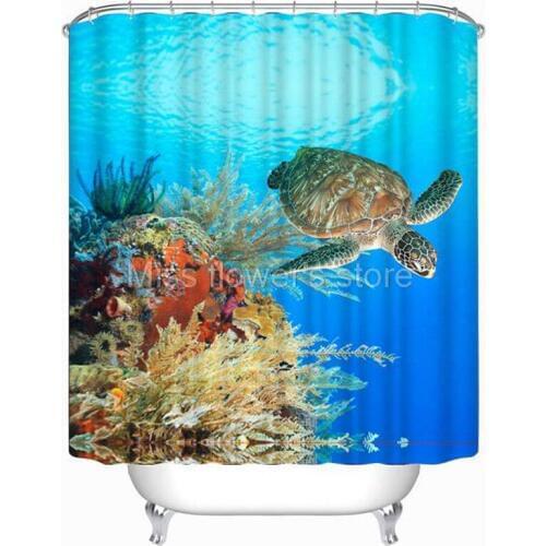 Sea Turtle Ocean Scenery Shower Curtain Bathroom Waterproof Mildewproof Polyester Fabric With 12 Hooks 180cm*180cm