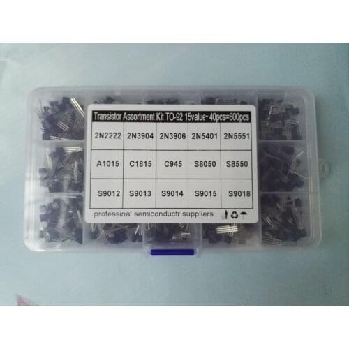 Transistor kit 15 Value*40Pcs=600Pcs TO-92 Assortment 2N2222/3904/3906/5401/5551 S8050/8550/9012/13/14/15/9018 A1015/C1815/C945