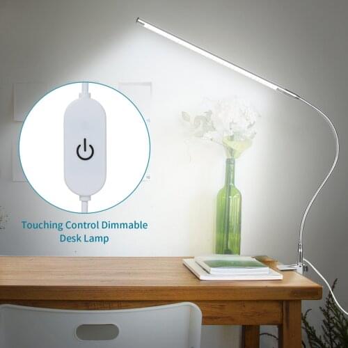 Flexible USB Clip-on Desk Lamp White Lighting Touching Control Table Lamp Dimmable LED Reading Light for Bed Headboard Workbench
