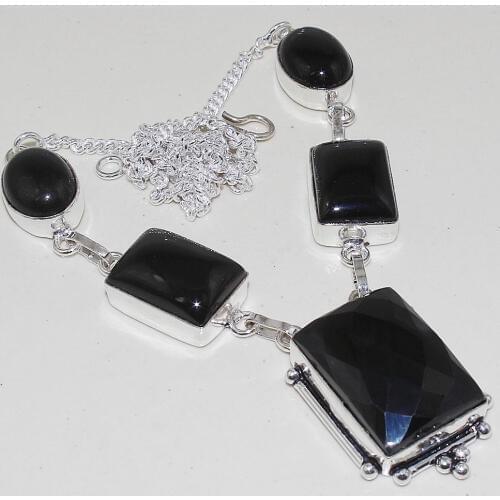 Black Onyx Necklace Silver Overlay over Copper , 49 cm, N0742