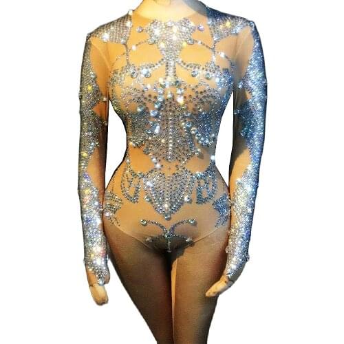 Perspective Sexy Nude Bodysuit Rhinestones Shiny Bodycon For Women Stage Wear Lady Nightclub Bar Show Costumes Performance Suit