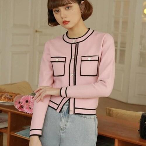 Runway Pink Cardigan Crop Top 2021 Luxury Cropped Women Round Neck Single Breasted Knitted Short Sweater Coat w371