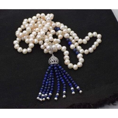 Freshwater pearl near round white and blue lapis lazuli tassel 8-9mm necklace wholesale beads 45inch nature unique clasp