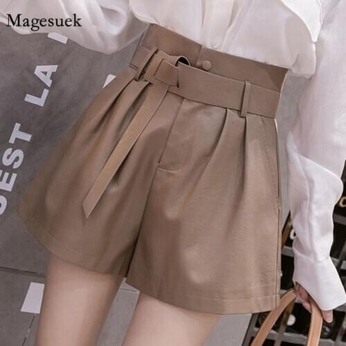 High Waist Loose New Autumn Winter PU Leather Shorts Women Wide Leg Short Women Shorts With Belt Casual Black Short Mujer 12242