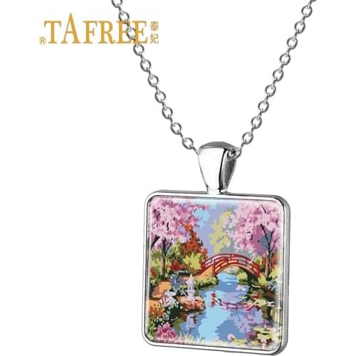 TAFREE Landscape Painting Necklace Ocean Picture square Pendant Fantasy Jewelry for women gift Jewelry TB124