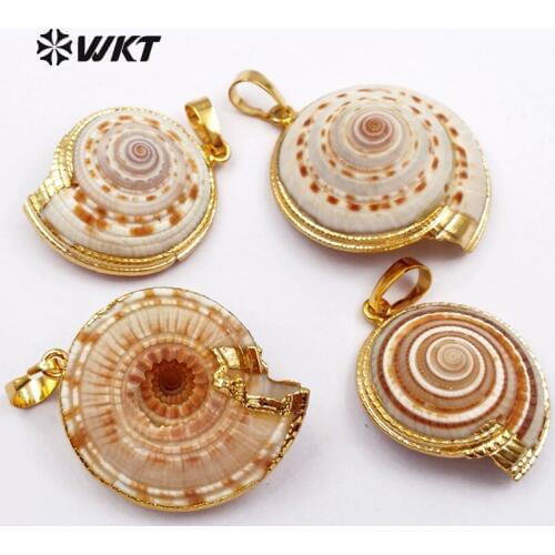 WT-JP007 New ! Classic Trumpet Shell Pendants 24K Metal Plated Trim On Edged Necklace Pendant Natural Shell Pendants