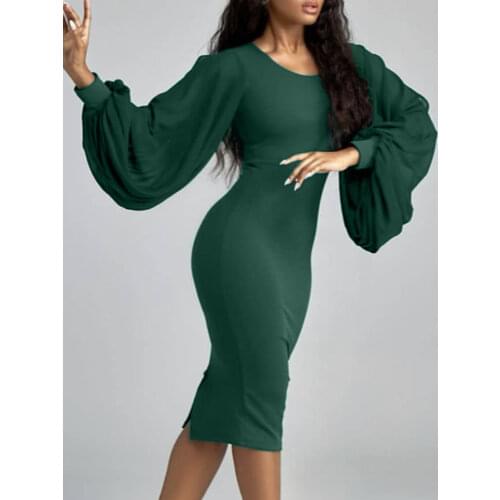 Women Dresses Patchwork Chiffon Long Lantern Sleeves Dark Green Bodycon Slim Party Celebrate Fashion African Female Vestidos New
