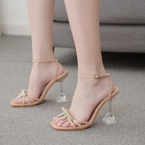Fashion Womens Sandals Square Toed Shoes In Heel Buckle Strap Female Shoes Bow Open Toe Women Sandalias High Heels Plus Zise 42
