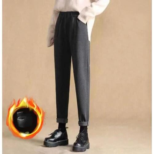 Women 2021 Autumn Winter Thicken Woolen Pants Plus Size Wool Pants Female High Waist Full-length Trousers Casual Slim Pants Y487