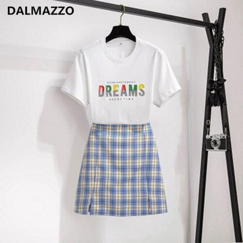 2 Pieces Set for Women 2021 Summer Students Fashion Short Sleeve Print Letters White T Shirt Tops + Plaid Mini Skirt Suit Mujer