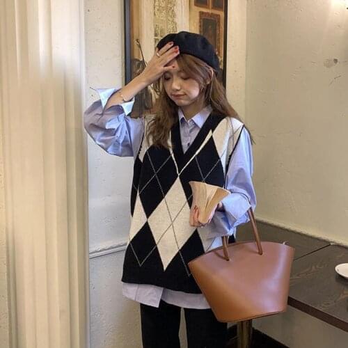 Women Two Piece Outfits Ladies Solid Long Sleeve Shirt and Plaid V-neck Knitted Vest 2021 Autumn Fashion Suit 2 Piece Sets Q887