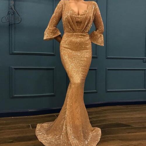 Sparkly Gold Sequins Mermaid Prom Dresses V Neck 3/4 Long Sleeves Evening Dress Vintage Pageant Party Gowns robe de soiree