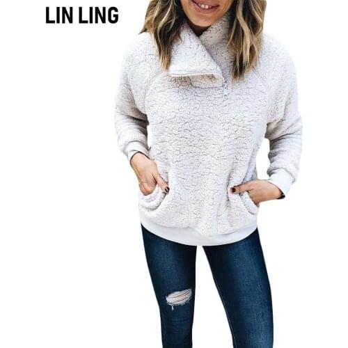 LINLING Winter Warm Temperament White Plush Full Sleeve Top Round Neck Zipper Pocket Loose Cashmere Sweater