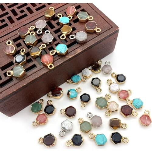 3pcsNatural Stone Pendant Electroplated Faceted Hexagonal Opal Blue and White Turquoise Necklace Earrings DIY Accessories 8x12mm