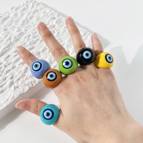 ALLNEWME Kawail Multicolor Exaggerated Round Acrylic Wide Rings for Women Cute Rainbow Devil Eye Signet Resin Chunky Rings Gift