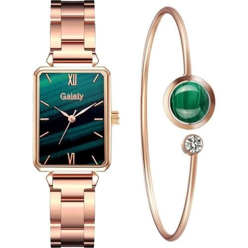 2pcs Set Luxury Women Watches Magnetic Green Stone Female Clock Quartz Wristwatch Fashion Simple Square Watch Relogio Feminino