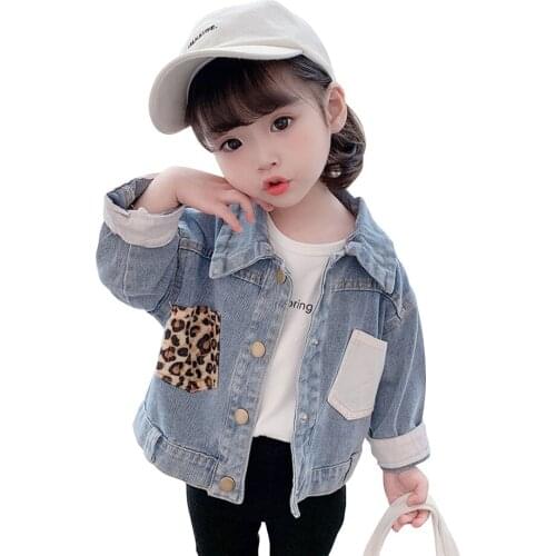 Toddler Girls Denim Jacket Outerwear Leopard Girls Coats Patchwork Kids Coats Casual Style Childrens Clothing