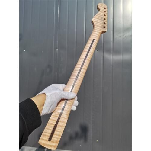 38#Tiger Flame Maple Guitar Neck 21 Fret 25.5inch Dark Yellow Varnish Pearl Maple Made Fingerboard Dot Inlay DIY