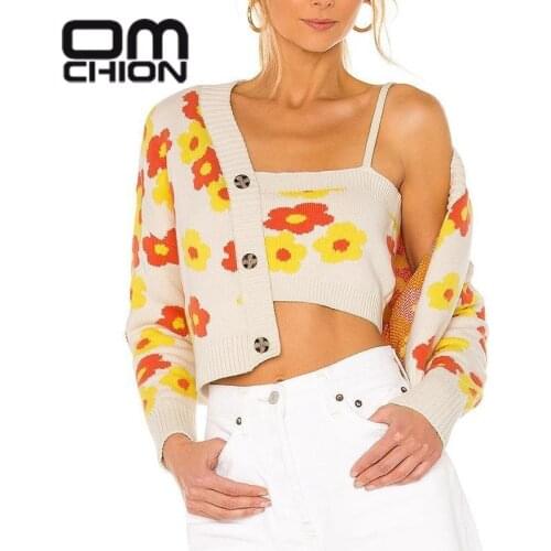 OMCHION Casaco Feminino 2021 Autumn New Flower Pattern Long Sleeve Short Sweater Coat Women Casual Chic Cardigan Female Knitwear