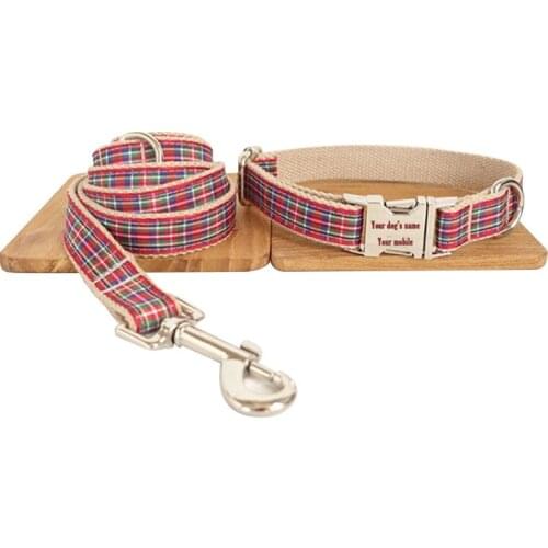 Classic Red Plaid Bright Color Pet Dog Collar Leash Set High Quality Soft Comfort Nylon Collar Lead Set For Dogs Adjustable