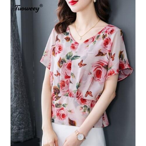 Summer Ladies Female Women short Sleeve Fashion Floral Print Chiffon Blouse Shirt Loose Buttons Tops Tee Casual Blusas Pullover