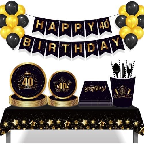 Adult 30th 40th 50th Black Gold Luxury Cake Champagne Happy Birthday Party Paper Disposable Tableware Sets Plates Cups Tissues