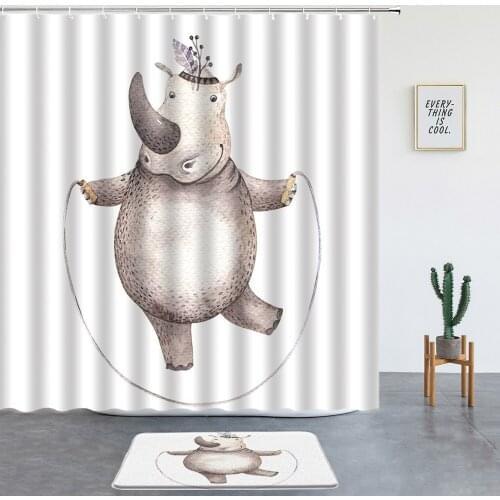 Rhino Printed Shower Curtains Set Funny Cartoon Animal Child Room Decor Non-slip Rugs Bath Mat Bathroom Screen Entrance Door Mat